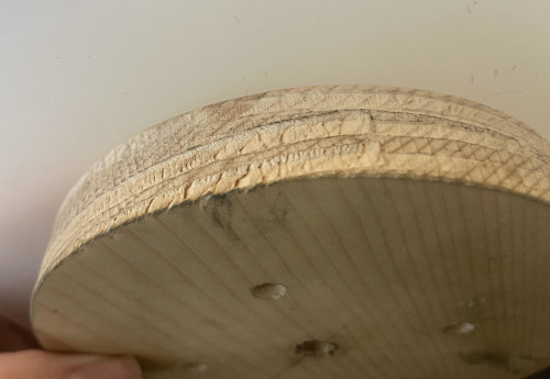 The side of the wooden hub, with two parralel gouge marks left from the chuck