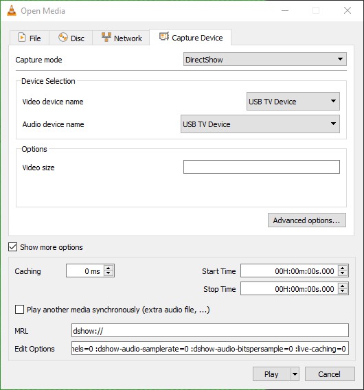 A view of the 'open media' settings screen of VLC. Capture mode is DirectShow, and both Video and Audio device name are set to 'USB TV Device.' Caching is set to 0ms.