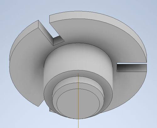 A CAD model of A center cylindrical post with a flat round head. The head has 3 slots cut out of it, that cut from the outside edge in about halfway along the radius.